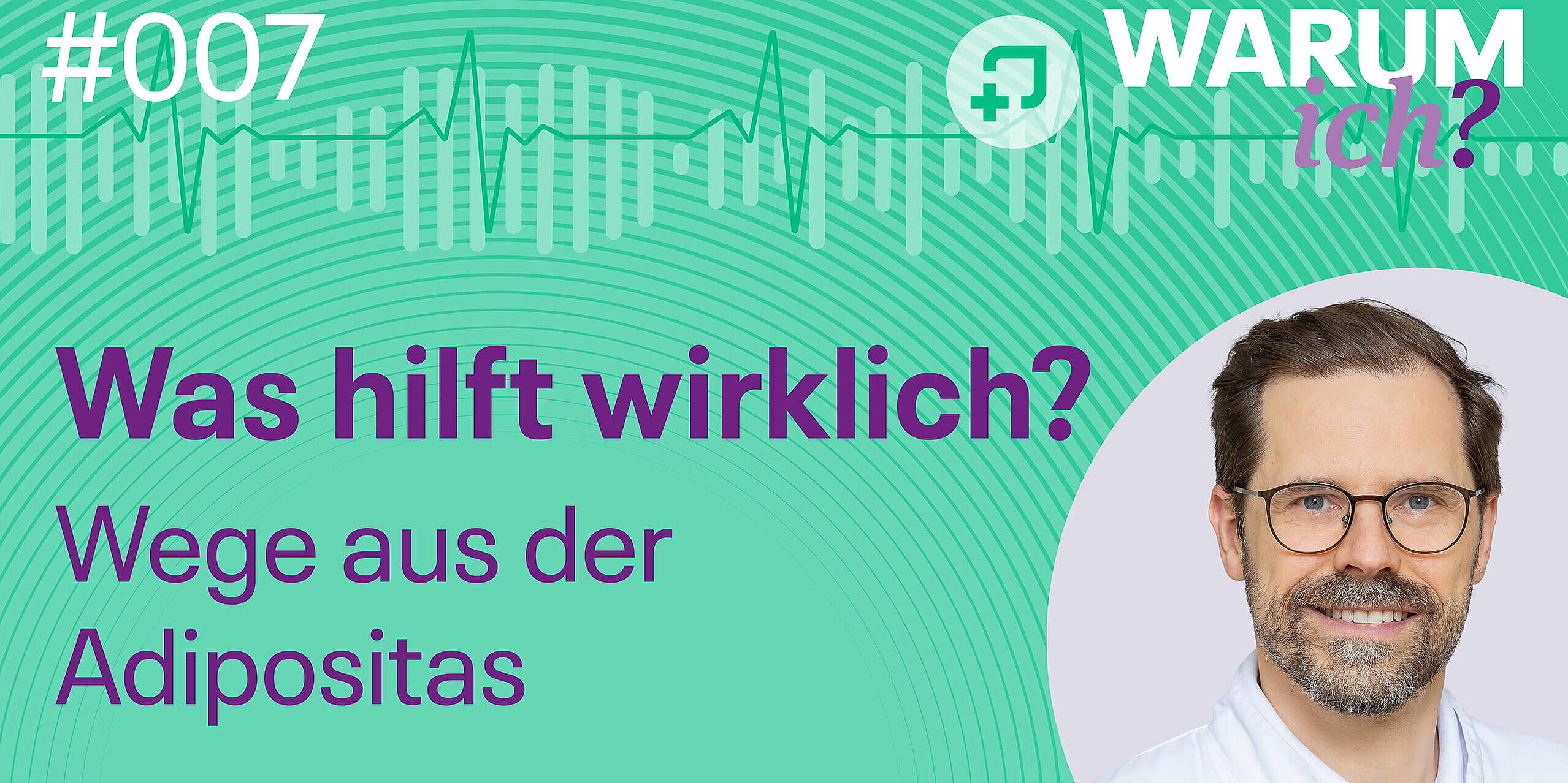 Podcast Cover „Warum ich? Der andere Gesundheitspodcast“ zum Thema Adipositas aus medizinischer Sicht Dr. med. Peer Joensson zur Podcast-Folge über Adipositas, Magenbypass, Schlauchmagen und operative Behandlungsmöglichkeiten bei starkem Übergewicht.