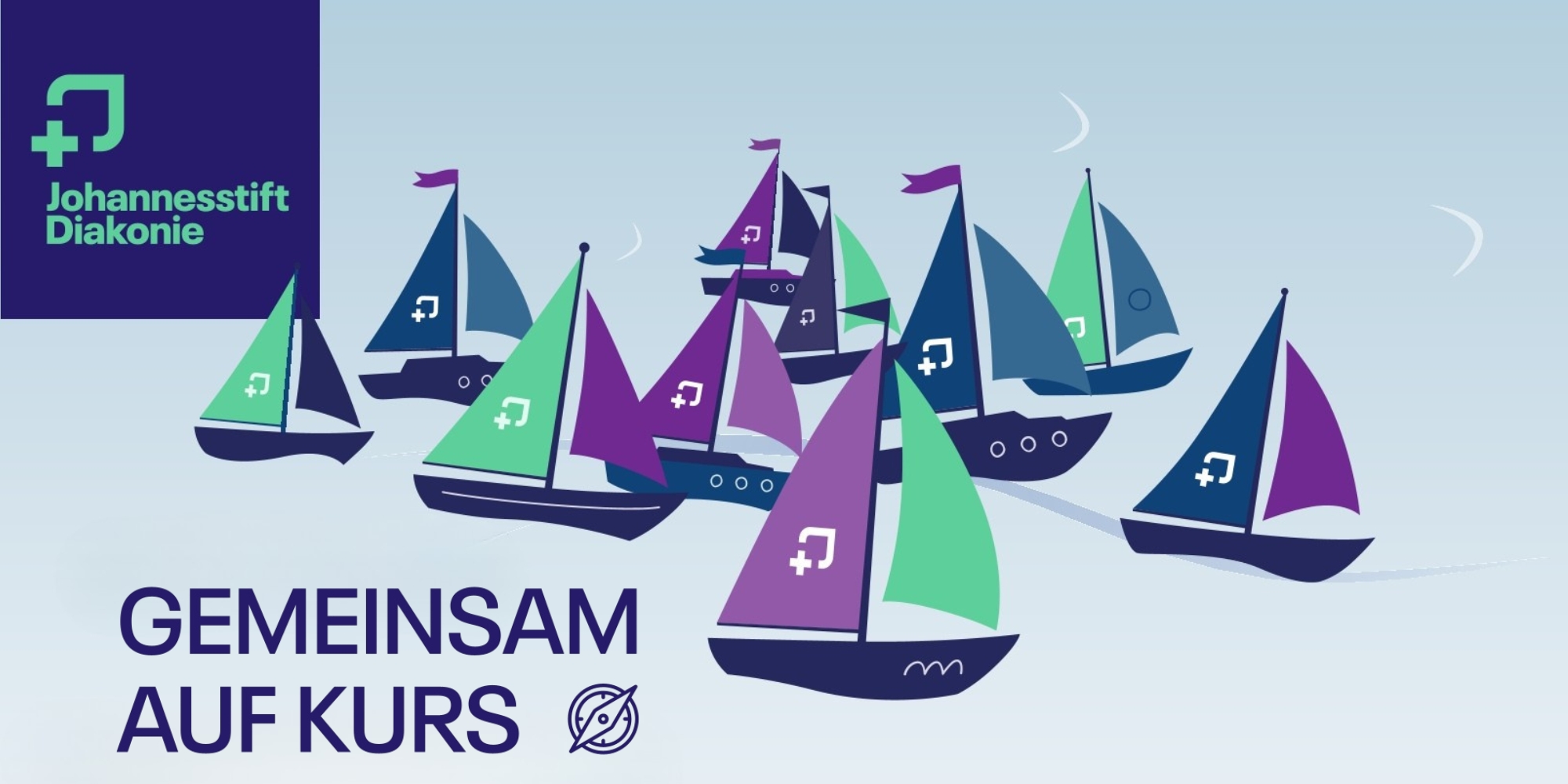 Geschäftsbericht 2025 der Johannesstift Diakonie Segelboote mit JSD-Logo und dazu der Schriftzug "Gemeinsam auf Kurs"