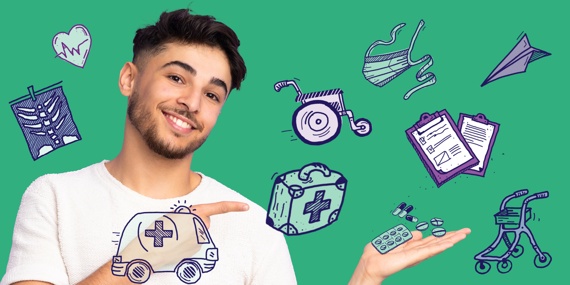 Studium Therapie- und Pflegewissenschaften (B.Sc.) Ein junger Mann vor grünem Hintergrund und rundherum gezeichnete Gegenstände aus dem Pflegealltag
